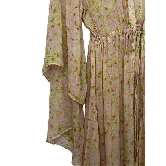 Paloma Blue Kimono Duster Cover Up Robe Maxi 100% Silk Slit Sides M/L - Picture 4 of 9